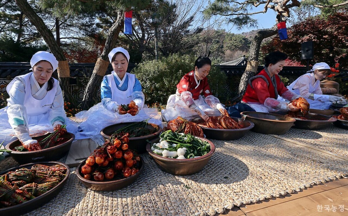 지난 11월 22일 서울 삼청각에서 열린 ‘한국인의 힘, 세계인의 맛! 제5회 김치의 날 기념식’에서 (사)대한민국김치협회 소속 명인들이 배추김치, 알타리김치, 갓김치 등을 담그는 김장문화를 재현하고 있다. 한승호 기자